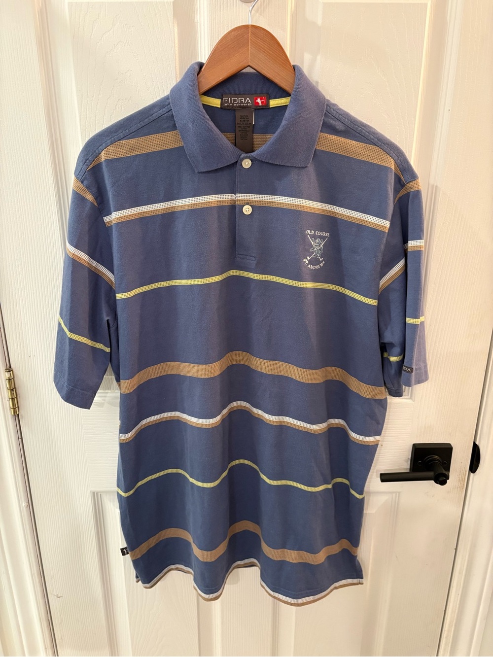 Old Course St. Andrew’s course by Fidra Blue Striped Polo Golf Shirt
